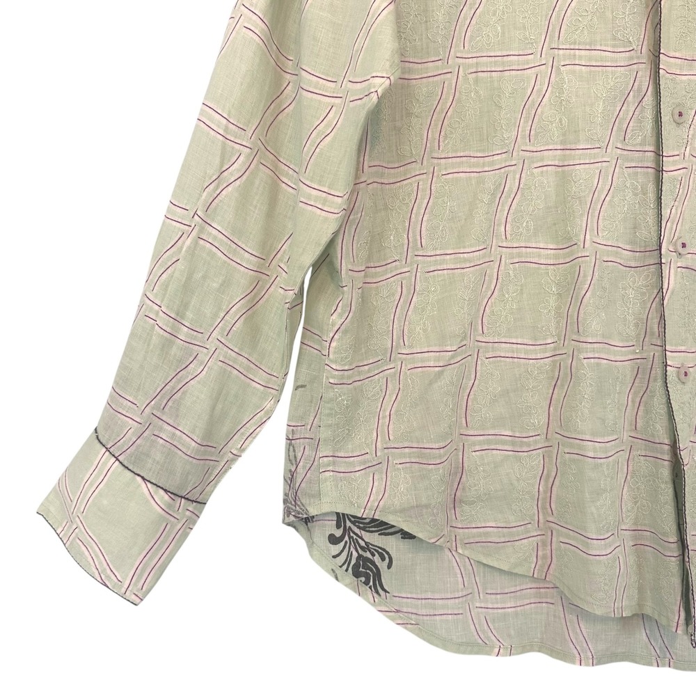 Robert Graham Embroidered Linen Blend Button Down Shirt Green Purple Mens Large - Picture 3 of 15